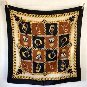 Vintage Square Neck Scarf Head Scarf Black Brown Equestrian Classic Chic 80s
