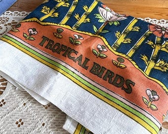 Strofinaccio da cucina vintage in lino con uccelli tropicali, blu e arancione, stile retrò kitsch anni '70.