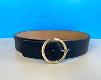 Cinturón de cuero vintage Vestido de cintura llamativa negro Hebilla de latón grande ancha 32-34IN