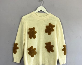 Vintage Knitted Jumper, White, Teddy Bear Patches, Size M, 80s, Fun, Fugly