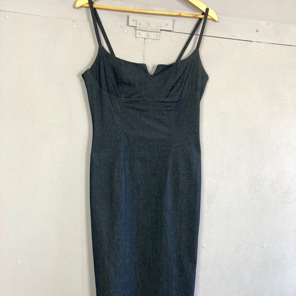 Vintage Y2K TOPSHOP Dress Fitted Denim Look UK12 Shoe String Straps Grunge