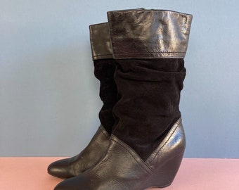 NEXT Leather & Suede Slouchy Boots, Black, Wedge Heel, UK8, 80s Vibe, Calf Length