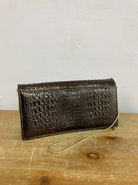 Vintage Mock Croc Brown Leather Handbag Shoulder … - image 3