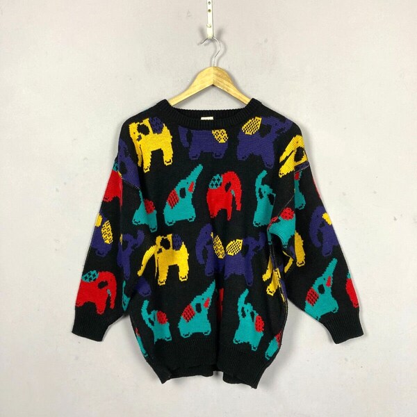 Vintage Knitted Jumper, Black, Elephant Pattern, 80s, Colourful, UK10.12.14