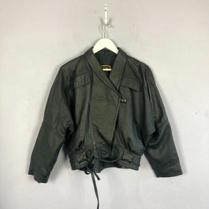 Vintage Black Leather Jacket, Black, Crop, 80s, Biker Jacket, UK14-16, Oversized