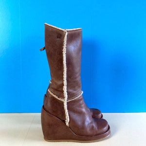 DESTROY Vintage Wedge Boots Y2K Tan Leather UK3 EU36 Sherpa Trims