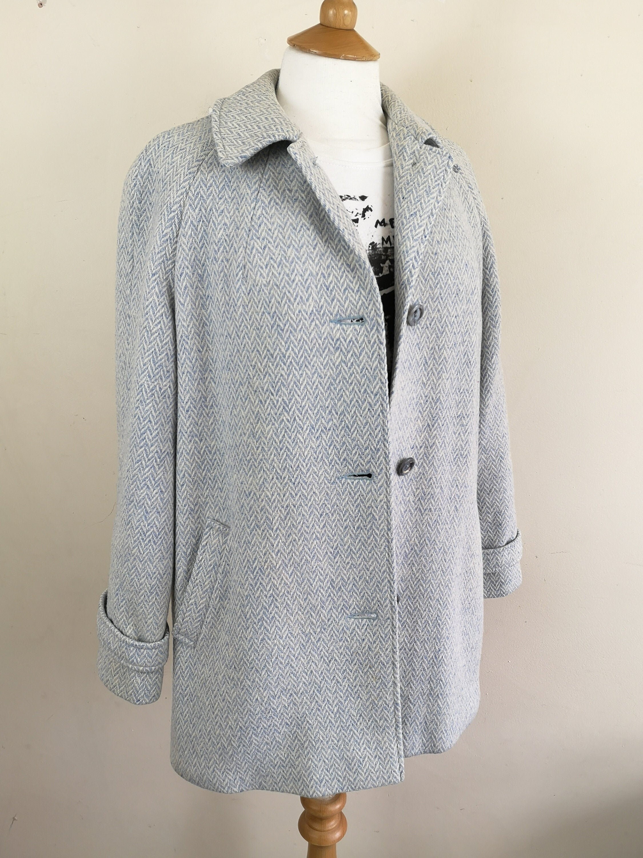 Image of Vintage Wool Coat. Pastel Blue. Herringbone. Overcoat. Duster. Uk -