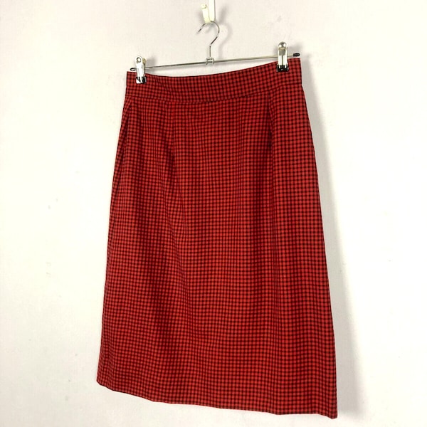Wool Straight Skirt, Red Black Check, High Waist, Rockabilly, Career, Vintage