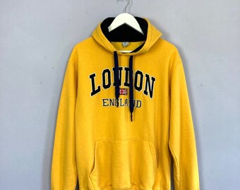 Sweat à capuche LONDON England, Jaune, Adultes L, Applique, Jersey épais, Années 90