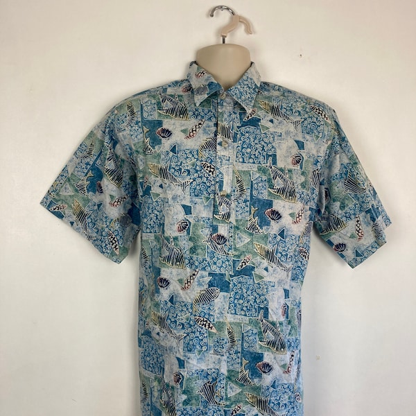 Vintage Hawaiian Shirt, Mens Large, Blue, Go Barefoot, Made in USA, Cotton