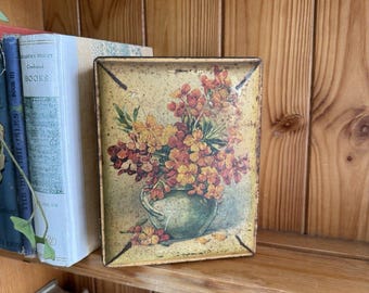 Vintage Tin Floral Yellow Hinged Lid Rustic Cottage Core Shabby Chic