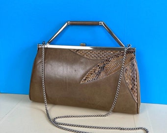 Vintage Leather Evening Bag Beige Top Handle Chain Strap Snakeskin Clutch