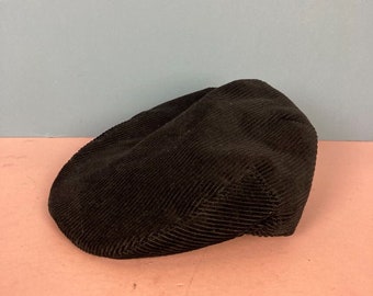 Vintage Black Corduroy Hat, Flat Cap, Baker Boy, Quilted Lined, Cotton, 57cm