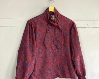 Pattern Blouse, Paisley Pattern, Burgundy, 80s Neck Tie Secretary Vintage Tesco