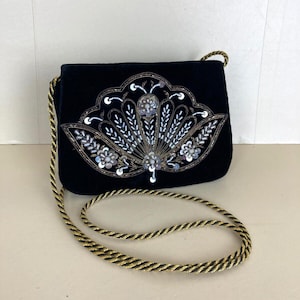 Vintage Velvet Handbag Crossbody Bag Black Sequin Beaded Occasion Christmas
