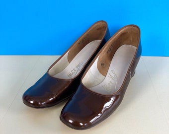 Vintage Court Shoes, Bronze Patent Leather, UK5, 1970s, Secretary, Square Toe