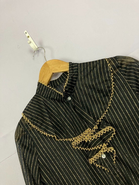 Vintage Blouse Ruffle Collar Black Gold Lurex Str… - image 4
