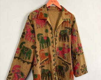 Vintage Elephant Patchwork Jacket, Brown, Size L, Boho, Hippie, Festival, 90s