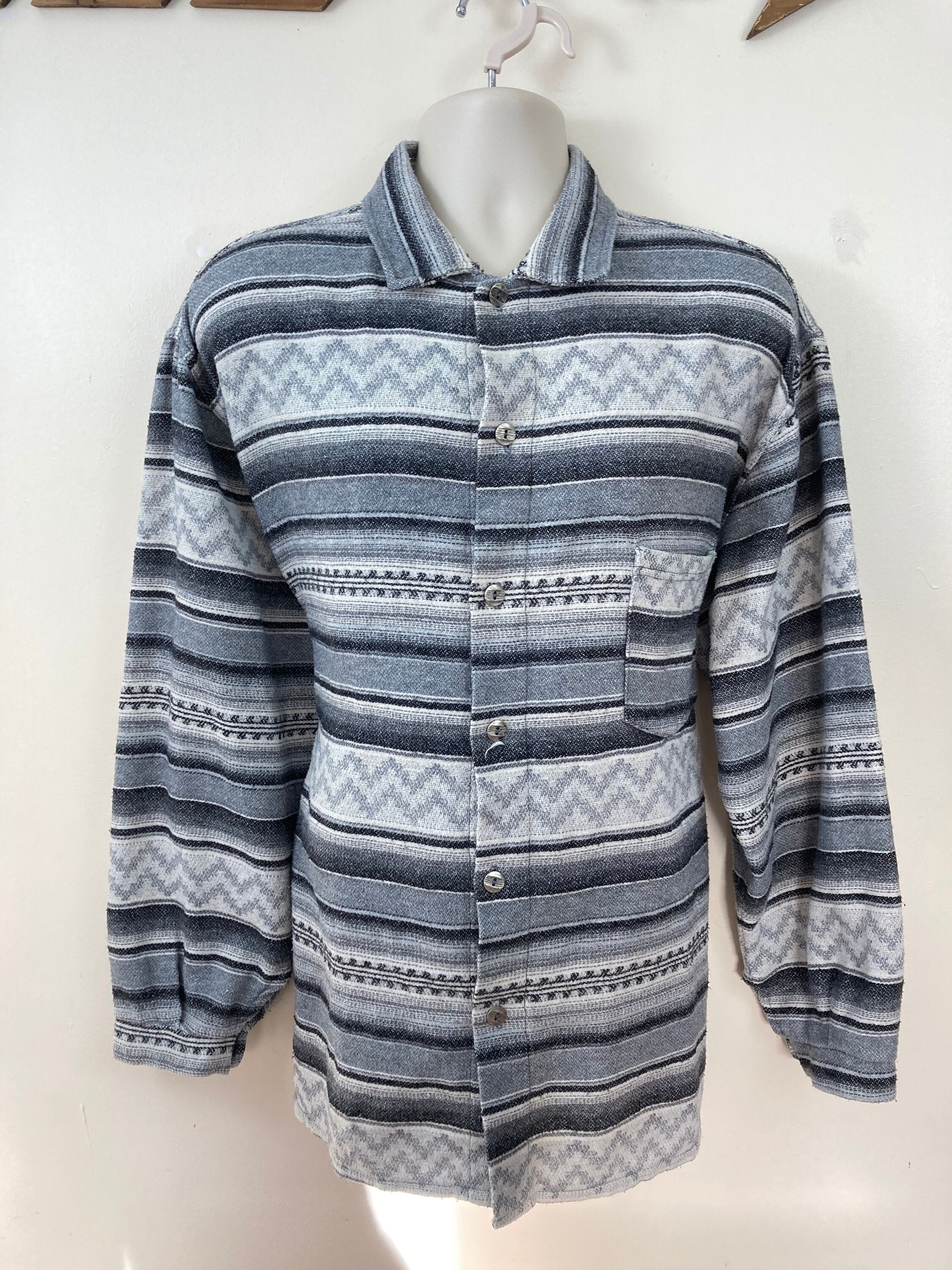Image of Vintage Flannel Shirt. Men's. Grey. White. South West. Large. Unisex. Grunge
