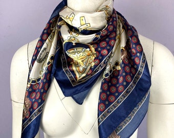 Foulard vintage, foulard, foulard, bleu marine, grand carré, ceintures chaînes