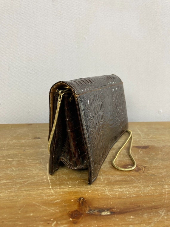Vintage Mock Croc Brown Leather Handbag Shoulder … - image 4