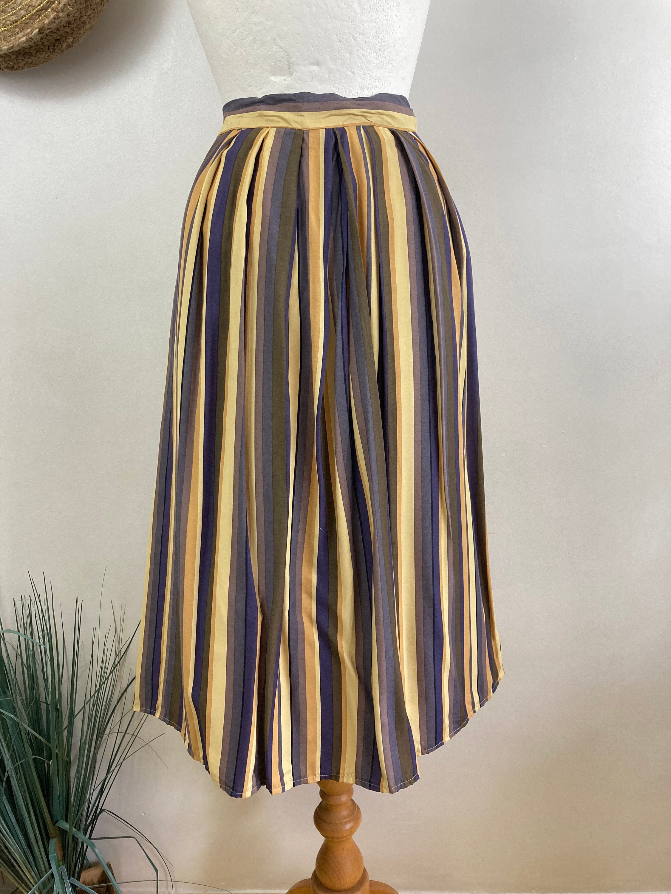 Image of S Vintage A Line Midi Skirt. Stripe. High Waist. Uk