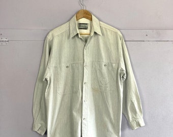 Vintage Wrangler Shirt Mens M-L Light Grey Stripe Pearl Snap Fastening Western