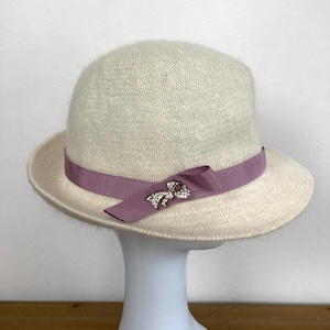 Wool Blend Women's Fedora Hat Cream S-M Lilac Ribbon Bow Hat Pin Academia