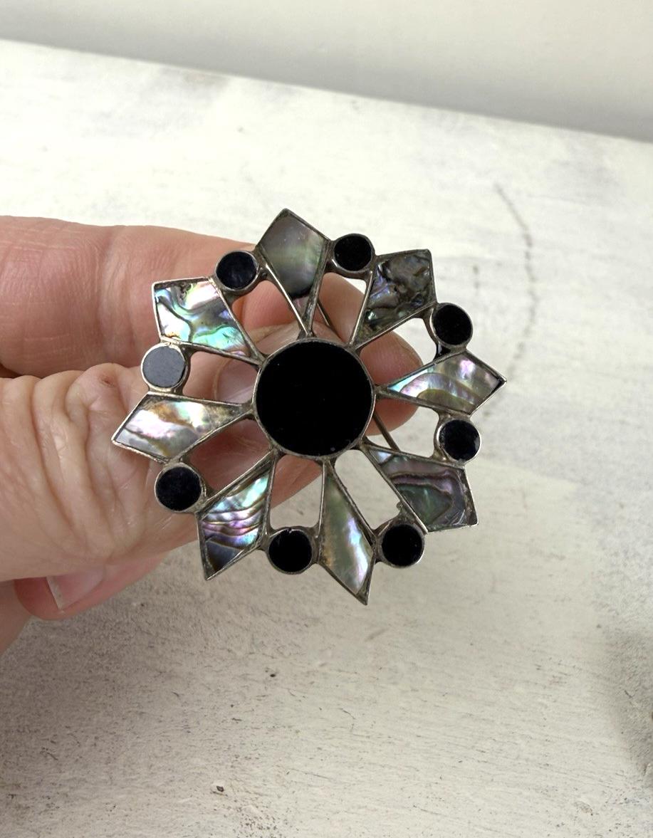 Broche Vintage Alpaca Mexico - Fleur En Nacre, Occasion