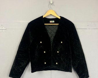 Vintage Velvet Quilted Jacket, Black, UK14-16, Crop, 80s, Everyday, Occasion