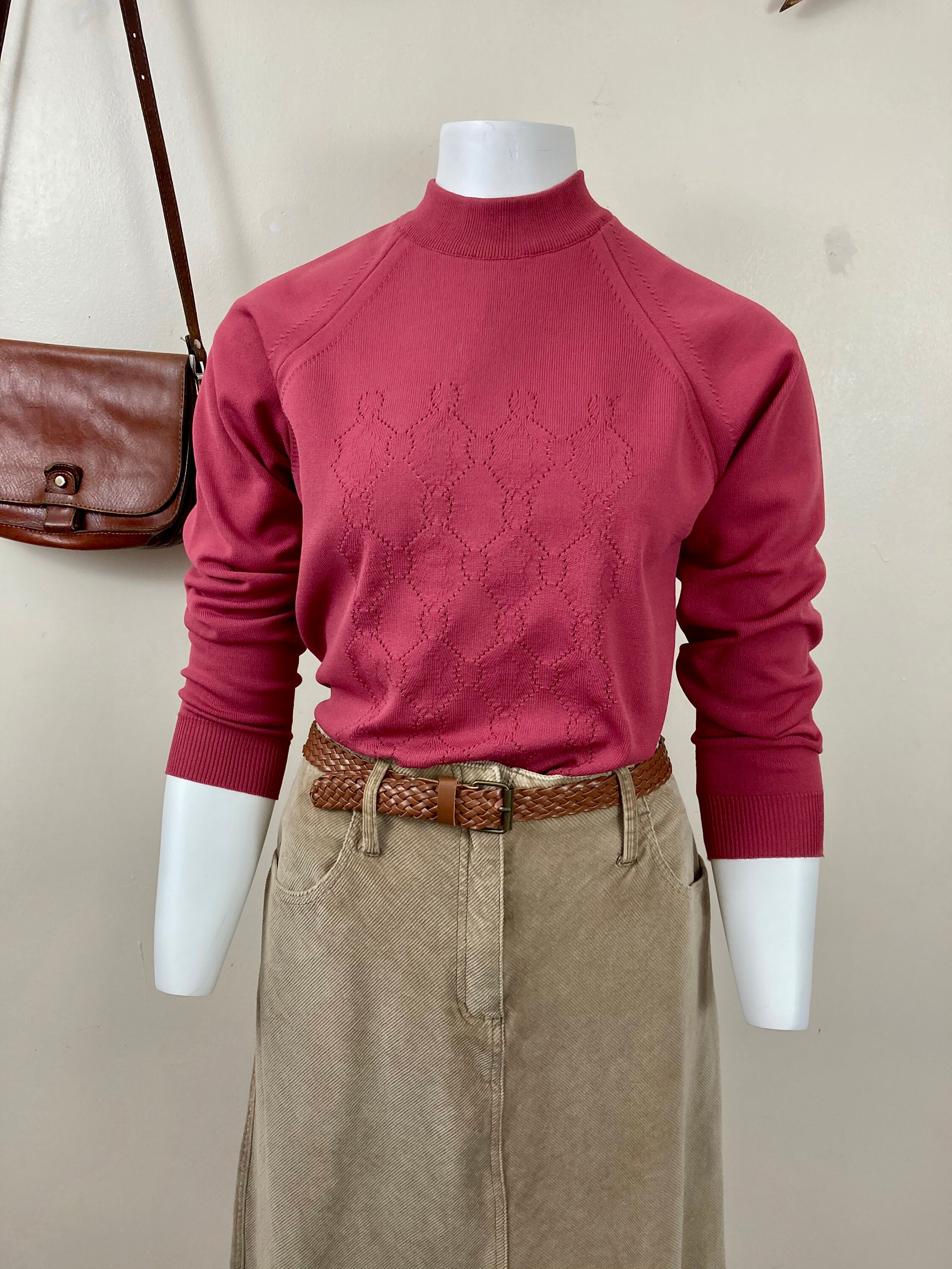 Image of S Vintage Knitted Top. Fitted Jumper. Dark Pink. Uk -