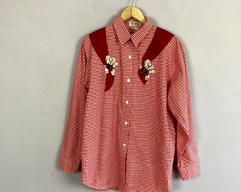 Vintage Gingham Shirt Blouse, Red Check, Embroidered, Rodeo, Rockabilly, UK14-16