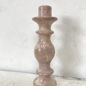 Vintage Sandstone Candleholder Engraved Fish Pattern Nautical Coastal Beige