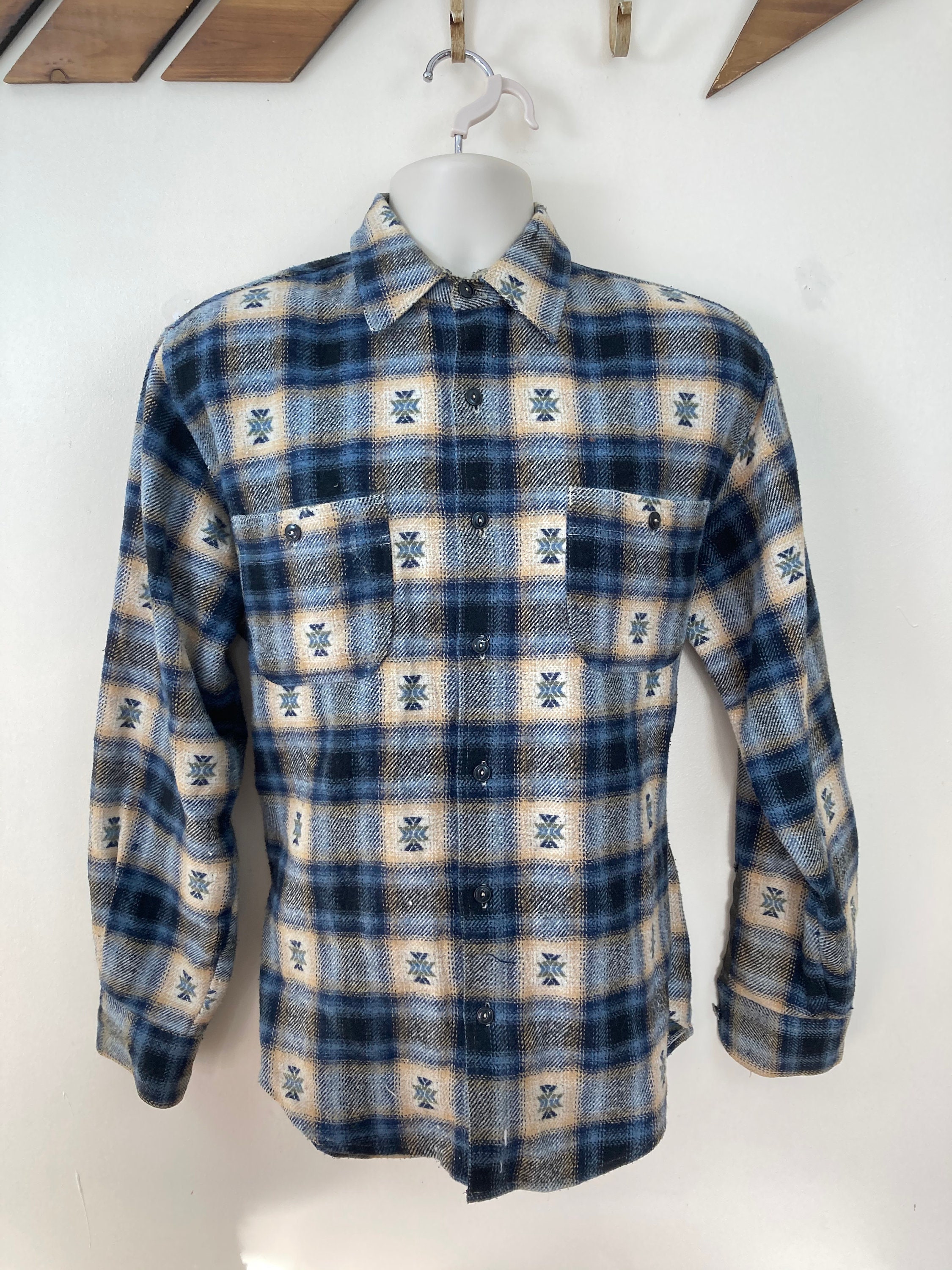 Image of Vintage Benetton Flannel Shirt. Men's. Blue. White. South West. Small. Over Shirt