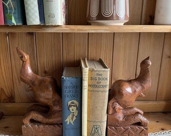 Vintage handgesneden houten olifant boekensteunen houten volkskunst safaridieren