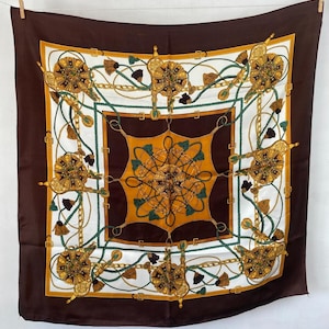 Vintage Square Neck Scarf Head Scarf Black Brown Baroque Equestrian Silky Feel