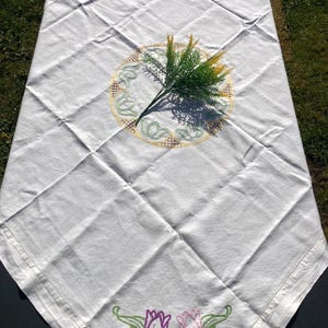 Vintage Hand Embroidered Floral Tablecloth White Square Cotton Afternoon Tea