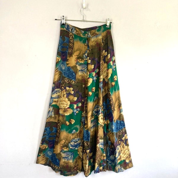 Vintage Floral Pattern Midi Skirt, UK6, Brown, Green, Button Down, A line, 90s