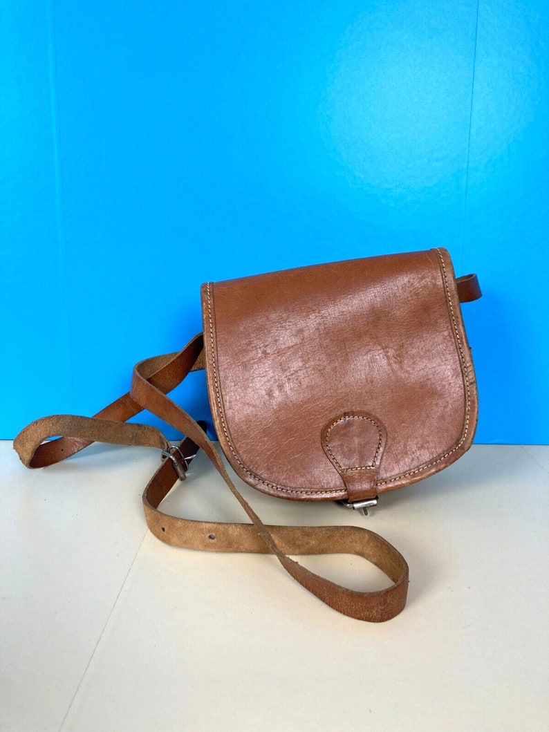 Vintage lederen zadeltas Tan kleine Mini Crossbody riem jaren '90 Boho Festival afbeelding 1