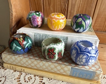Vintage Millefiori-kaarsen veelkleurige set van 6 ronde, één licht gebruikt