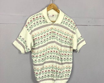 Vintage Knitted Polo Shirt Jumper White Floral Tulips UK14-16 Short Sleeve