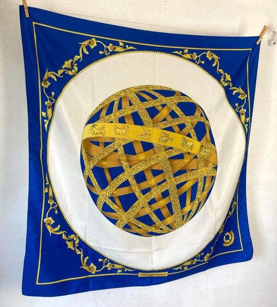 Vintage Printed Square Neck Scarf Head Scarf Blue Gold MICHELE WHITTAMER 80s