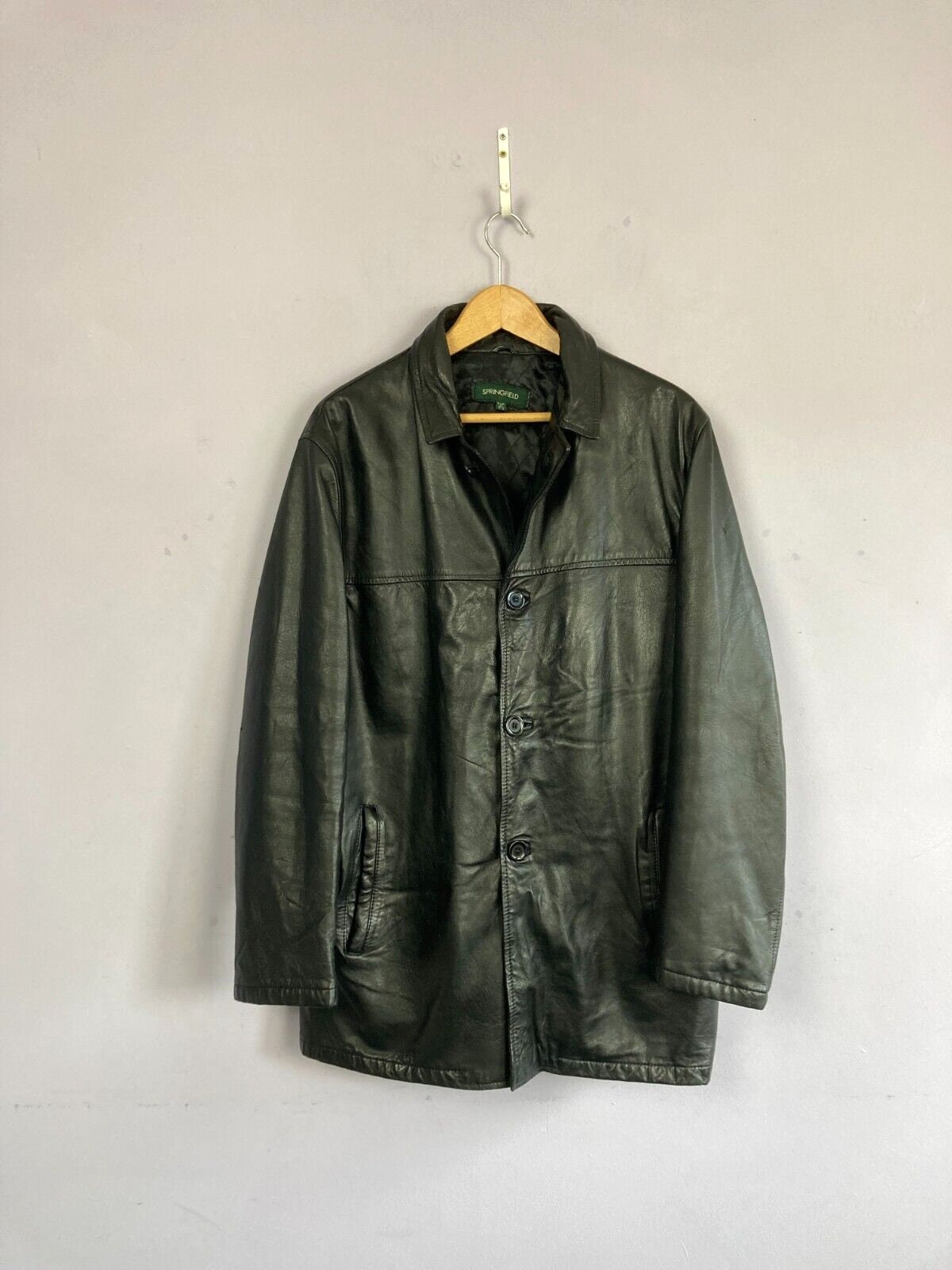 Vintage Leather Jacket, Black, Mens Medium, Button Front