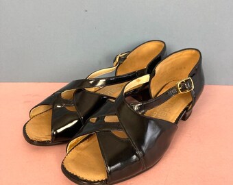 Vintage Elmdale Low Heel Sandals, Black Patent Leather, Comfort, UK6, 1970s