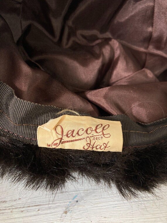 Vintage Jacoll Faux Fur Hat Dark Brown Pillbox Style Pom Poms Made in England Vintage Faux Fur Pill Box Hat Dark Brown JACOLL Hats 1940s  main image 2