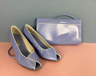 Jaques Vert Shoes, Peep Toe, Low Heel, Pale Blue, Matching Handbag, UK4, Vintage