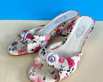 LULU GUINNESS Floral Mules, UK3, EU36, Wedge, Slip On, Peep Toe, Bow Detail