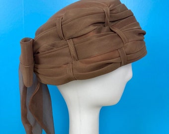 Vintage Turban Style Hat Brown Chiffon Back Bow 50s 60s Hollywood Glamour