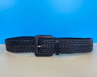 Marks & Spencer Leather Plaited Statement Belt Size M Black Square Buckle