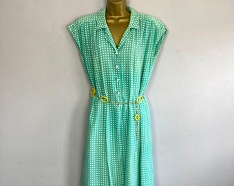 Vintage Spotty Shift Dress, Blue, White, UK16, 1970s, Day Dress, Polka Dot, Sleeveless